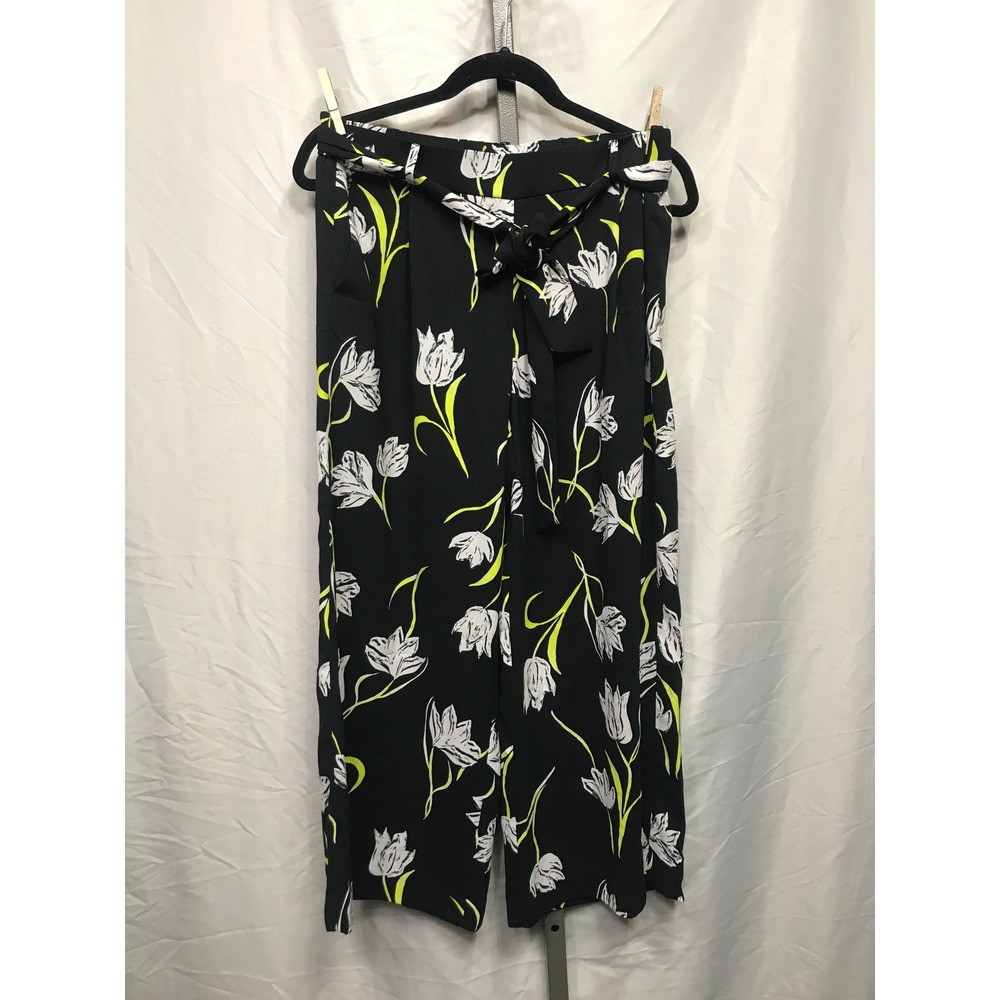 Halogen Wide Leg Cropped Pants Black White Floral Print Tie Waist Women's Medium